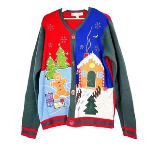 Ugly Christmas jolly sweater gingerbread cookie gift knitted snow multicolor L